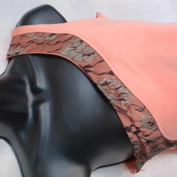 NWT La Reyna One Shoulder Dress, Peach w Black & Gold lace accents - Picture 2 of 5